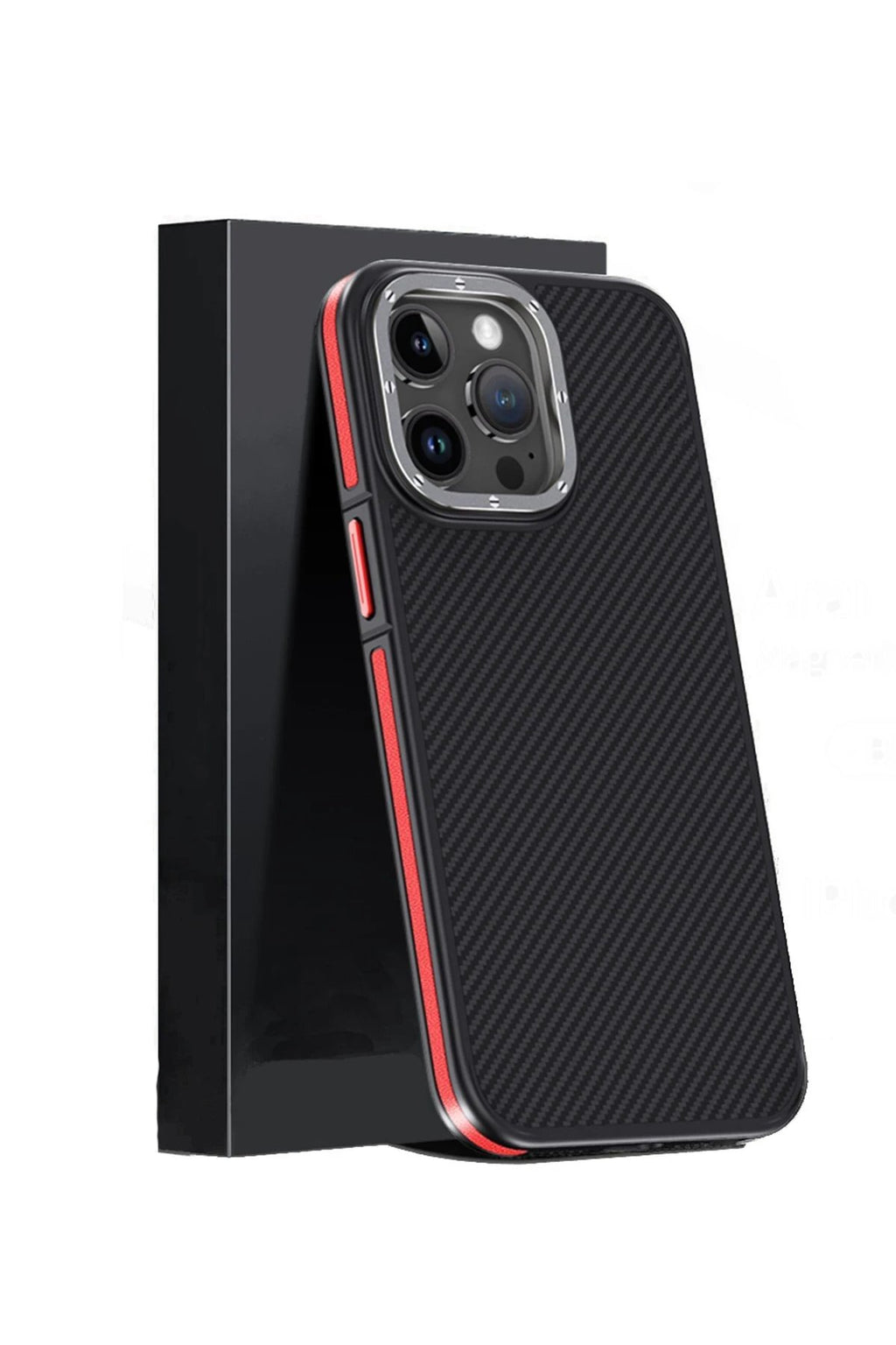 iPhone 15 Pro Max Kılıf Aramid 600D Kevlar Karbon Fiber Magsafe Kapak - Kırmızı-(5796)