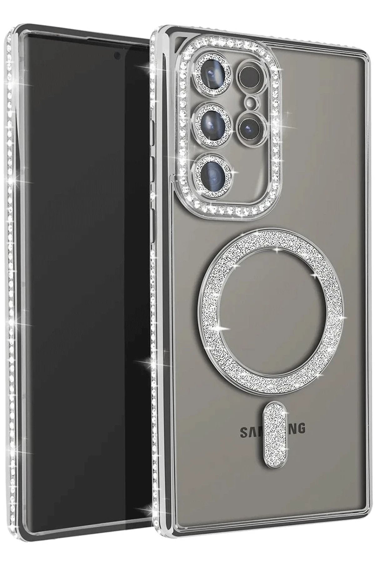 Samsung Galaxy S25 Ultra Kılıf Joke Simli Magneticsafe Kılıf - Gümüş-(5796)