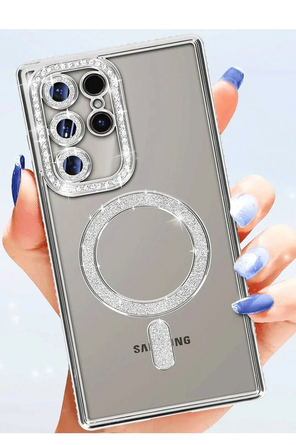 Samsung Galaxy S25 Ultra Kılıf Joke Simli Magneticsafe Kılıf - Gümüş-(5796)