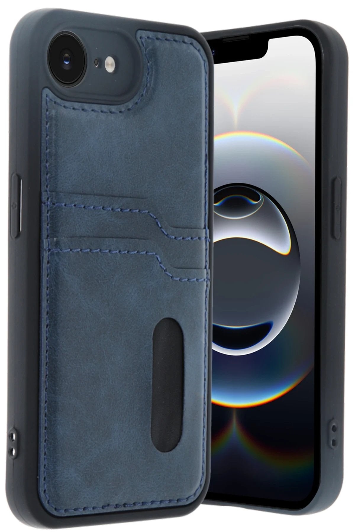 iPhone 16E Kılıf Sara Kartvizitli Deri Kılıf - Lacivert-(5796)