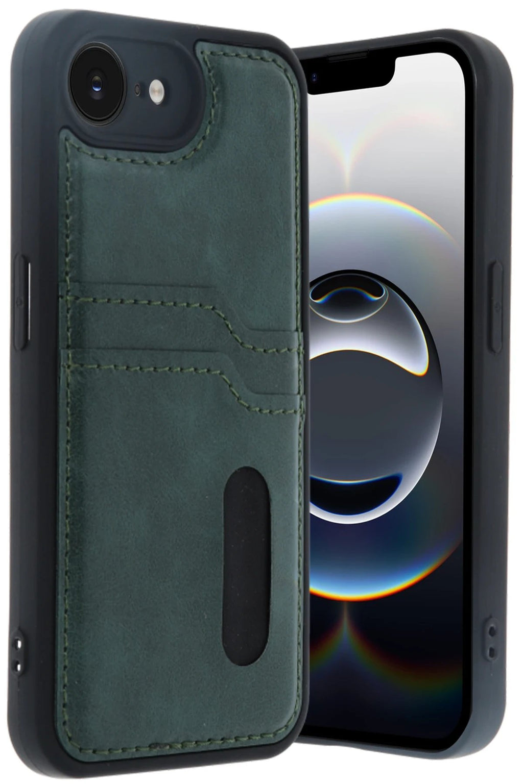 iPhone 16E Kılıf Sara Kartvizitli Deri Kılıf - Koyu Yeşil-(5796)