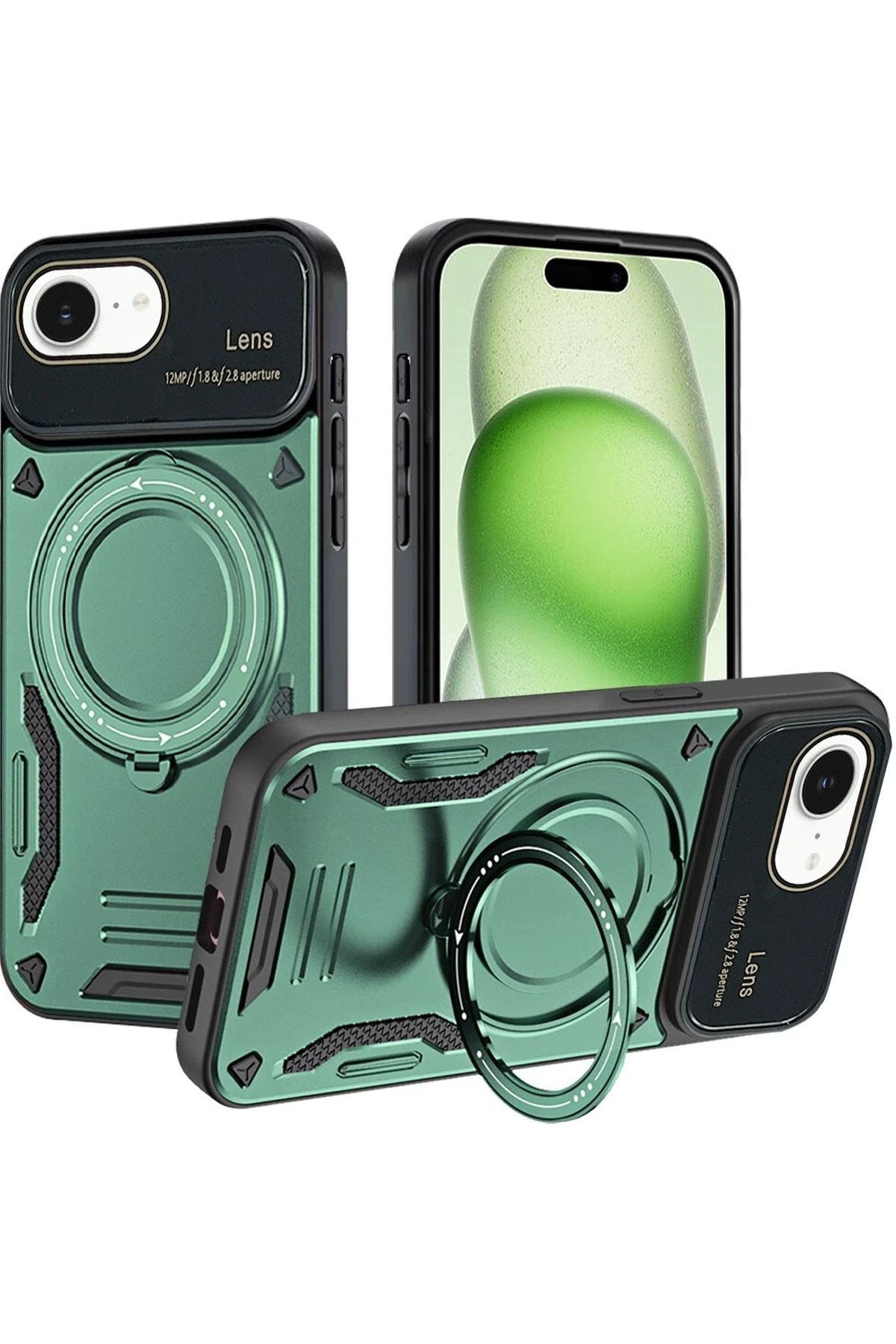 iPhone 16E Kılıf Joy Lens Standlı Kapak - Koyu Yeşil-(5796)