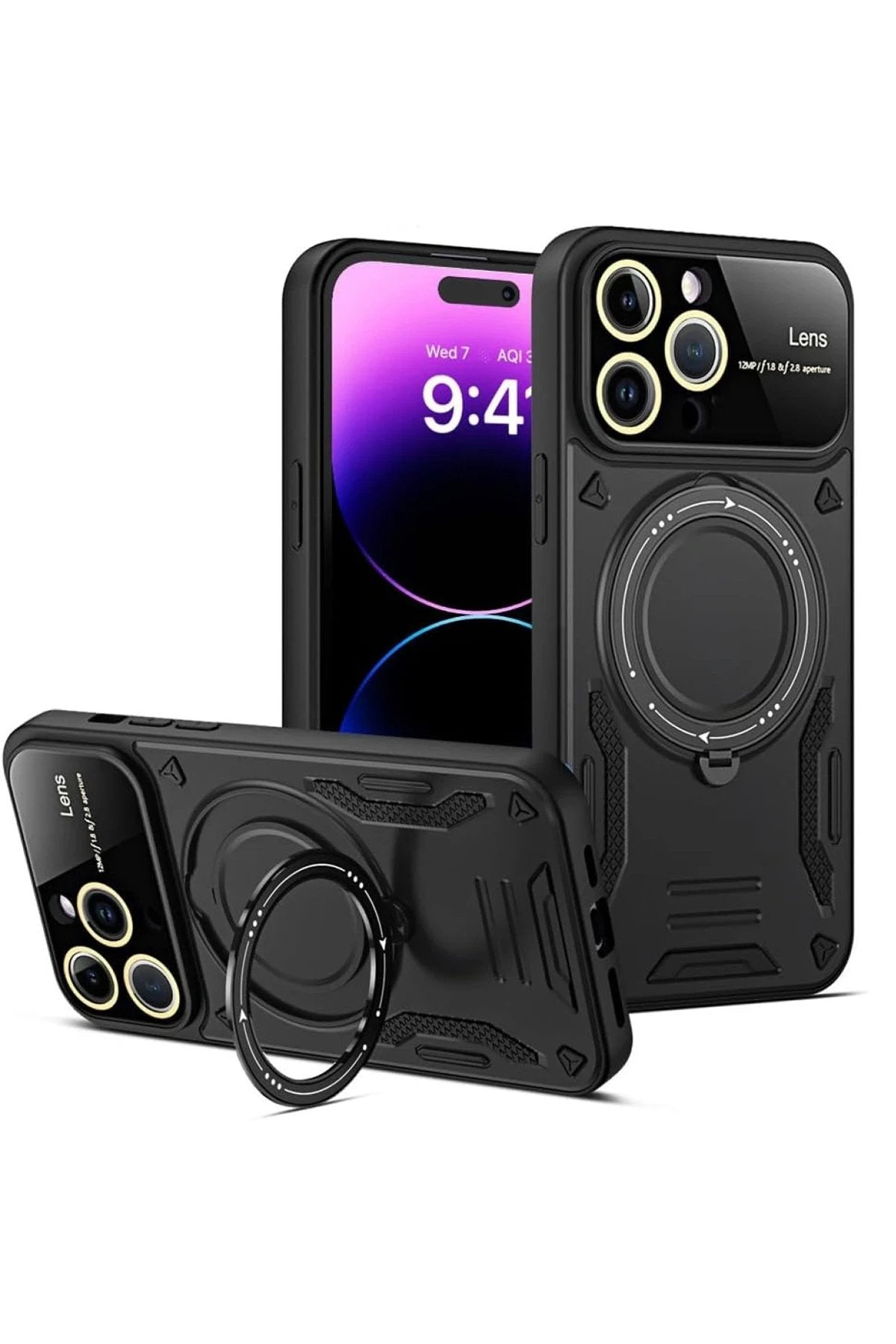 iPhone 15 Pro Kılıf Joy Lens Standlı Kapak - Siyah-(5796)