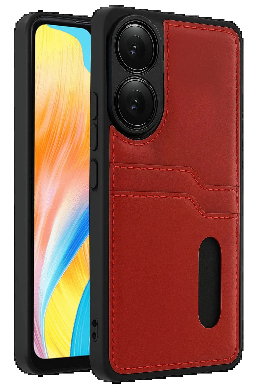 Oppo A38 Sara Kartvizitli Deri Kılıf - Kırmızı-(5796)