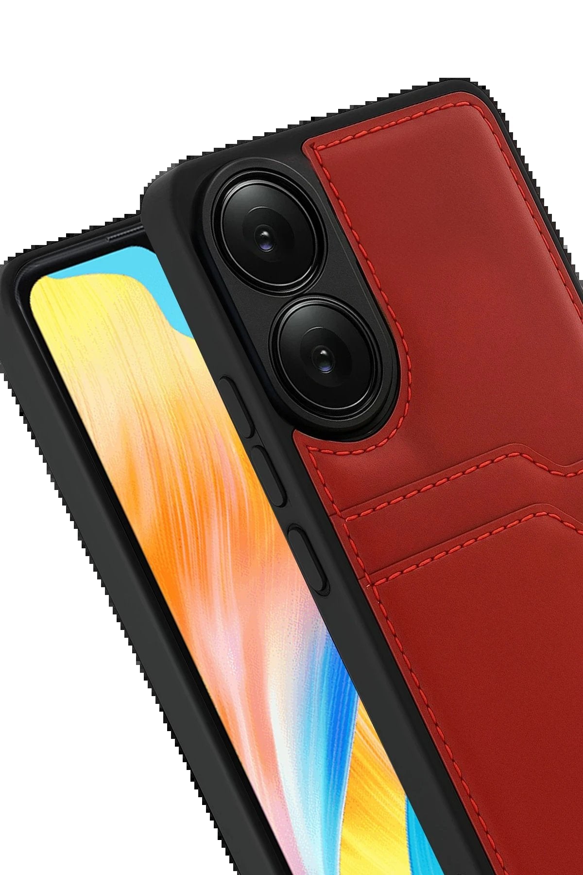 Oppo A38 Sara Kartvizitli Deri Kılıf - Kırmızı-(5796)