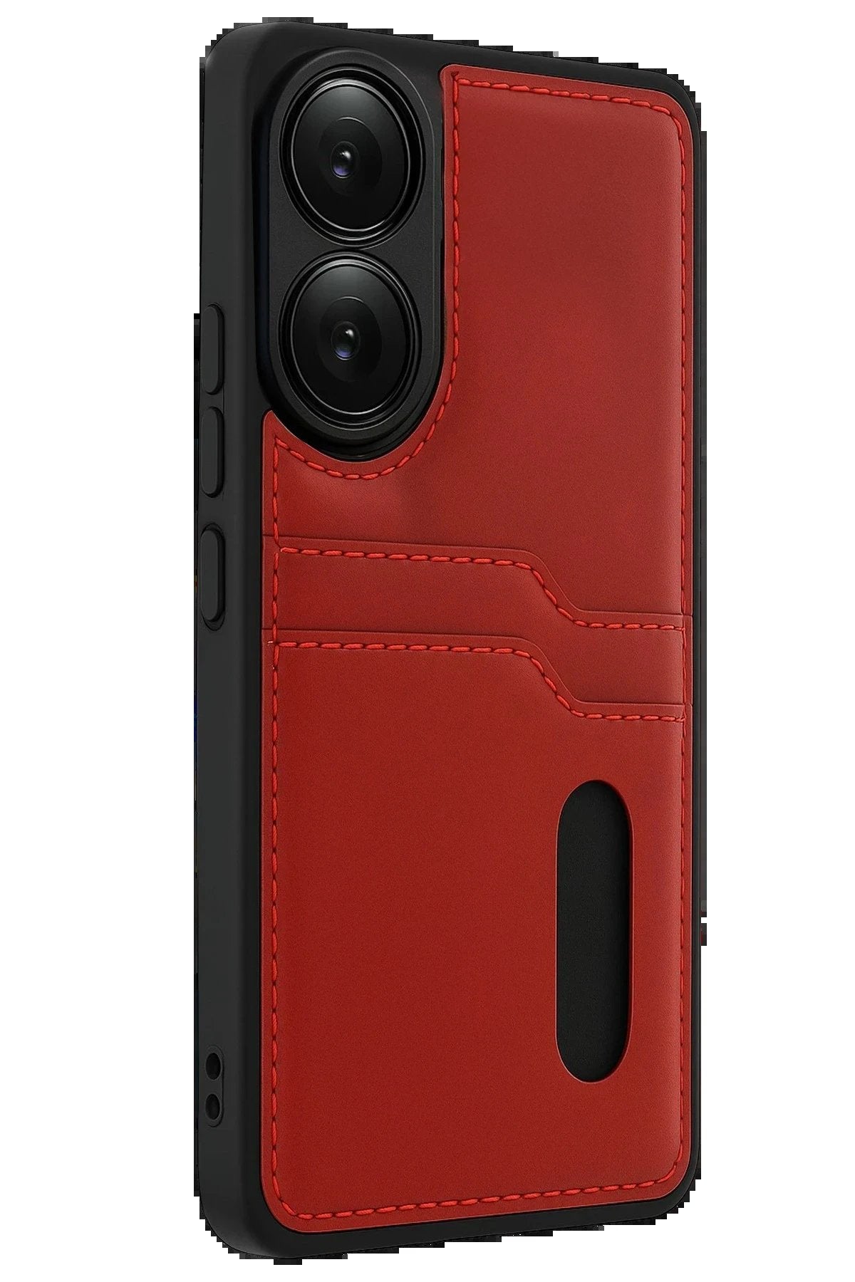 Oppo A38 Sara Kartvizitli Deri Kılıf - Kırmızı-(5796)