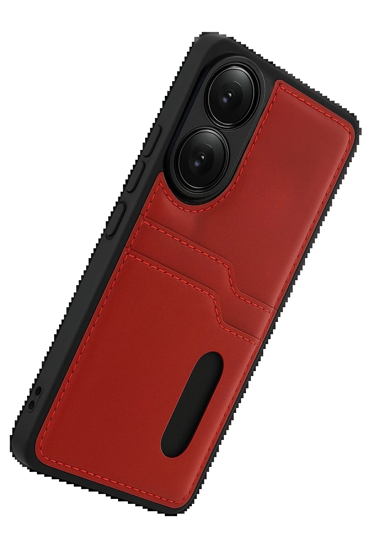 Oppo A38 Sara Kartvizitli Deri Kılıf - Kırmızı-(5796)