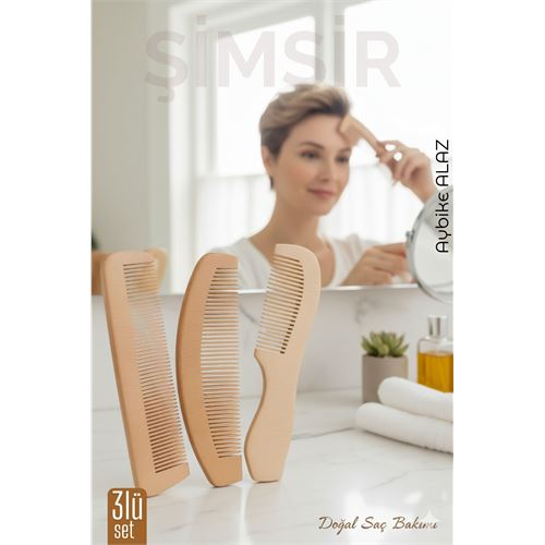 3 lü Doğal Şimşir Ahşap Tarak Seti– 16 cm Anti-statik Kepek Karşıtı ve El Yapımı