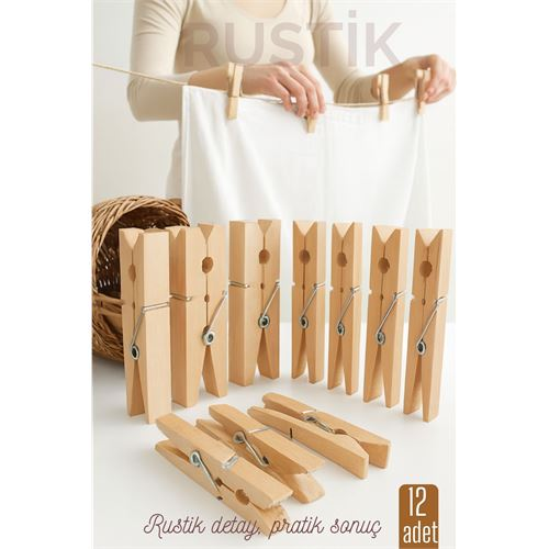 12’li Ahşap Mandal Seti – Doğal Görünümlü Çok Amaçlı Dayanıklı Yaylı Tasarım